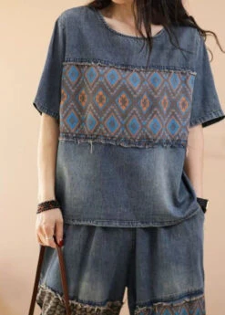 Women Blue O-Neck Patchwork Tops And Pants Denim Two Pieces Set Summer LY4067 -Ada Fashion Women Blue O Neck Patchwork Tops And Pants Denim Two Pieces Set Summer5