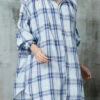 Women Blue Oversized Plaid Cotton Blouses Lantern Sleeve JK1056 -Ada Fashion Women Blue Oversized Plaid Cotton Blouses Lantern Sleeve Ada Fashion 183438085