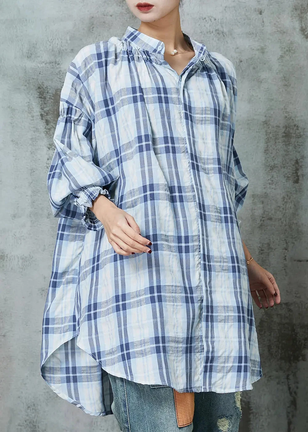 Women Blue Oversized Plaid Cotton Blouses Lantern Sleeve JK1056 3 Women Blue Oversized Plaid Cotton Blouses Lantern Sleeve JK1056