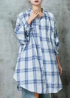 Women Blue Oversized Plaid Cotton Blouses Lantern Sleeve JK1056 9 Women Blue Oversized Plaid Cotton Blouses Lantern Sleeve JK1056 -Ada Fashion Women Blue Oversized Plaid Cotton Blouses Lantern Sleeve Ada Fashion 183438240