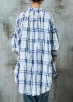 Women Blue Oversized Plaid Cotton Blouses Lantern Sleeve JK1056 10 Women Blue Oversized Plaid Cotton Blouses Lantern Sleeve JK1056 -Ada Fashion Women Blue Oversized Plaid Cotton Blouses Lantern Sleeve Ada Fashion 183438330