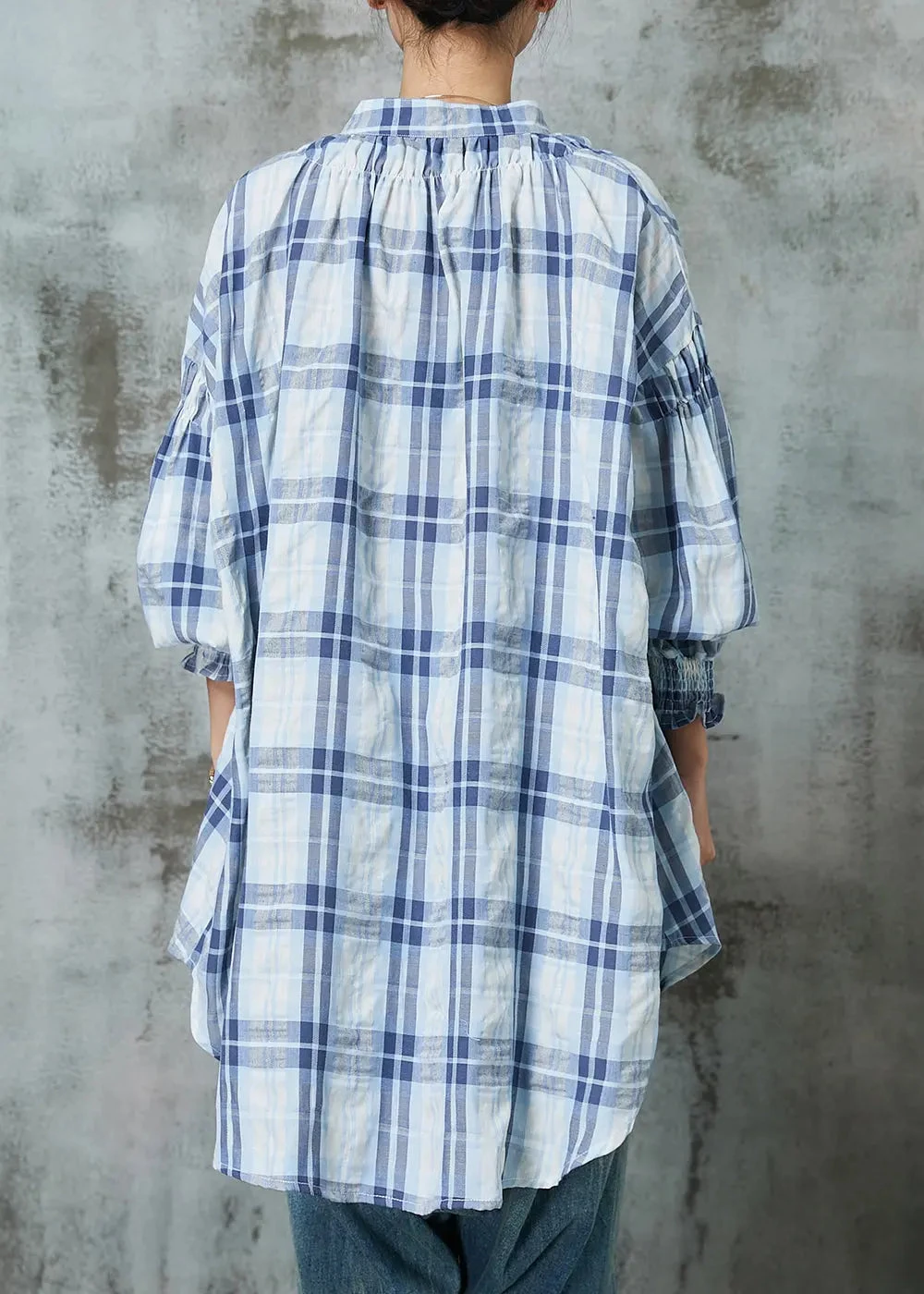 Women Blue Oversized Plaid Cotton Blouses Lantern Sleeve JK1056 6 Women Blue Oversized Plaid Cotton Blouses Lantern Sleeve JK1056 - Image 4