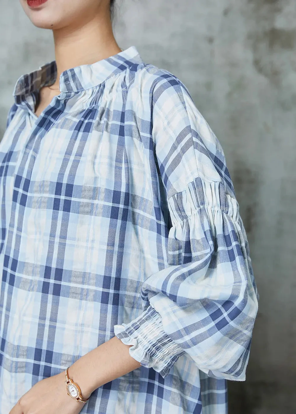 Women Blue Oversized Plaid Cotton Blouses Lantern Sleeve JK1056 7 Women Blue Oversized Plaid Cotton Blouses Lantern Sleeve JK1056 - Image 5