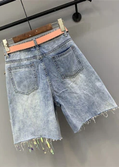 Women Blue Print Nail Bead Tassel Ripped Shorts TY1021 -Ada Fashion Women Blue Print Nail Bead Tassel Ripped Shorts3