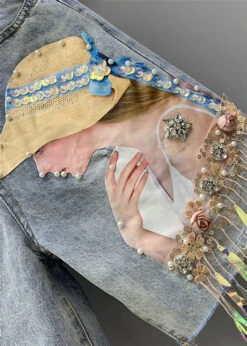 Women Blue Print Nail Bead Tassel Ripped Shorts TY1021 -Ada Fashion Women Blue Print Nail Bead Tassel Ripped Shorts5