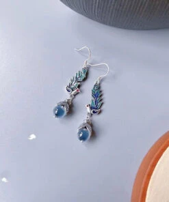 Women Blue Sterling Silver Cloisonne Enamel Phoenix Drop Earrings LY2312