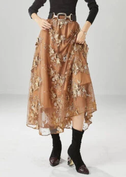 Women Brown Elastic Waist Embroideried Tulle Skirts Fall ML0470