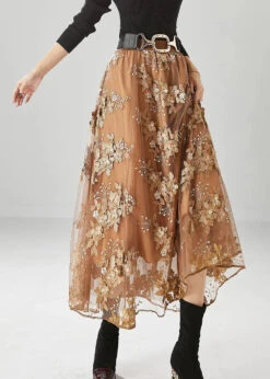 Women Brown Elastic Waist Embroideried Tulle Skirts Fall ML0470 -Ada Fashion Women Brown Elastic Waist Embroideried Tulle Skirts Fall Ada Fashion 162548254