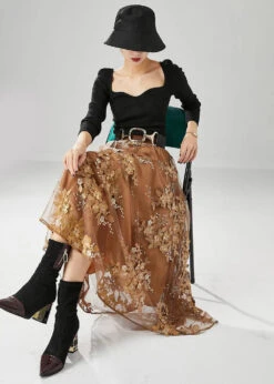 Women Brown Elastic Waist Embroideried Tulle Skirts Fall ML0470 -Ada Fashion Women Brown Elastic Waist Embroideried Tulle Skirts Fall Ada Fashion 162548394