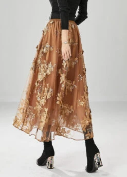 Women Brown Elastic Waist Embroideried Tulle Skirts Fall ML0470 -Ada Fashion Women Brown Elastic Waist Embroideried Tulle Skirts Fall Ada Fashion 162548475