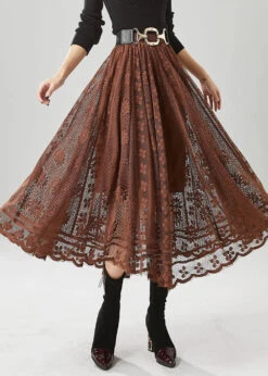 Women Coffee Hollow Out Exra Large Hem Lace Skirts Fall ML1201