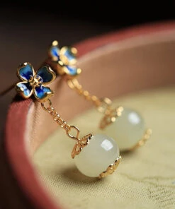 Women Cyan Sterlin Silver Jade Enamel Drop Earrings LY2291