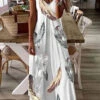 Women Feather Print V Neck Cotton Long Dresses Sleeveless WW1043