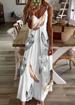 Women Feather Print V Neck Cotton Long Dresses Sleeveless WW1043 -Ada Fashion Women Feather Print V Neck Cotton Long Dresses Sleeveless3