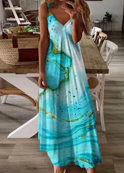 Women Feather Print V Neck Cotton Long Dresses Sleeveless WW1043 -Ada Fashion Women Feather Print V Neck Cotton Long Dresses Sleeveless4