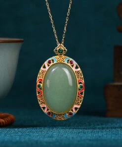Women Gold Copper Overgild Jade Enamel Auspicious Clouds Pendant Necklace KX1058 -Ada Fashion Women Gold Copper Overgild Jade Enamel Auspicious Clouds Pendant Necklace4