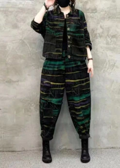 Women Green Print Tops And Pants Denim Two Piece Set Fall ML2573