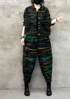 Women Green Print Tops And Pants Denim Two Piece Set Fall ML2573 -Ada Fashion Women Green Print Tops And Pants Denim Two Piece Set Fall3