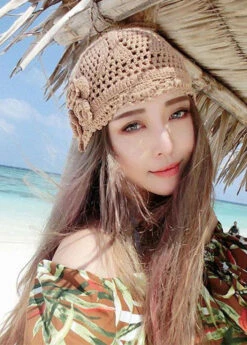 Women Khaki Hollow Out Floral Knitting Cotton Bonnie Hat LC0474