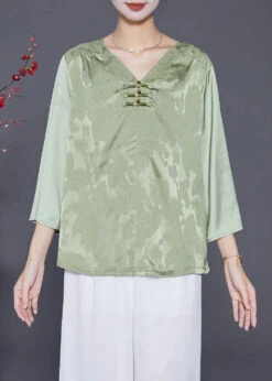 Women Light Green Jacquard Chinese Button Silk Blouses Bracelet Sleeve LY8026