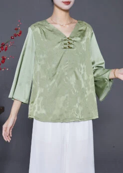 Women Light Green Jacquard Chinese Button Silk Blouses Bracelet Sleeve LY8026 -Ada Fashion Women Light Green Jacquard Chinese Button Silk Blouses Bracelet Sleeve3 6328edc4 e963 41a0 9d3a 80a155b1fab5