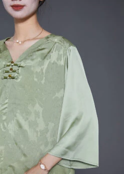 Women Light Green Jacquard Chinese Button Silk Blouses Bracelet Sleeve LY8026 -Ada Fashion Women Light Green Jacquard Chinese Button Silk Blouses Bracelet Sleeve5 0f68e370 bb05 448b 96ef 56662842d5a7