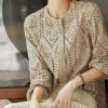 Women Light Khaki O Neck Hollow Out Cotton Blouses Long Sleeve G141 2 Women Light Khaki O Neck Hollow Out Cotton Blouses Long Sleeve G141 -Ada Fashion Women Light Khaki O Neck Hollow Out Cotton Blouses Long Sleeve Ada Fashion 183380736