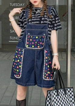Women Navy Zircon Patchwork Denim Spaghetti Strap Jumpsuits Shorts Summer LY5254