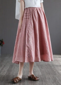 Women Pink Embroideried Chinese Button Linen Skirts Spring TG1022 -Ada Fashion Women Pink Embroideried Chinese Button Linen Skirts Spring3