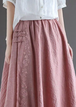 Women Pink Embroideried Chinese Button Linen Skirts Spring TG1022 -Ada Fashion Women Pink Embroideried Chinese Button Linen Skirts Spring4