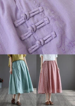 Women Pink Embroideried Chinese Button Linen Skirts Spring TG1022 -Ada Fashion Women Pink Embroideried Chinese Button Linen Skirts Spring5