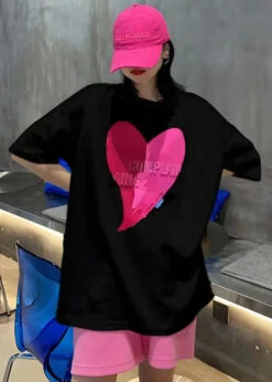 Women Pink O Neck Print Patchwork Tops And Shorts Cotton Two Pieces Set Summer LY9085