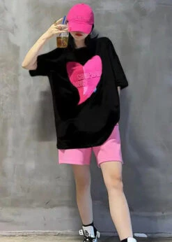 Ada Fashion -Ada Fashion Women Pink O Neck Print Patchwork Tops And Shorts Cotton Two Pieces Set Summer Ada Fashion 153058431