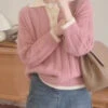 Women Pink Patchwork Cozy Knit Sweaters Fall