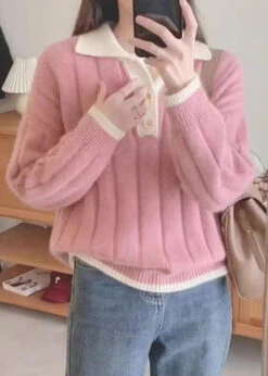 Women Pink Patchwork Cozy Knit Sweaters Fall -Ada Fashion Women Pink Peter Pan Collar Patchwork Cozy Knit Sweaters Fall Ada Fashion 174412779
