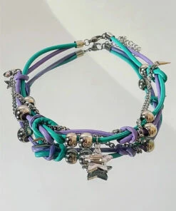 Women Purple Green Patchwork Alloy Colorful Stars Tassel Necklaces ML0670