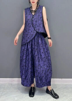 Women Purple Jacquard Vest And Pants Cotton Two Piece Set Summer LY7277