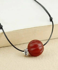 Women Red Agate Pumpkin Shaped Frosted Pendant Necklace ML0241
