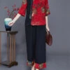 Women Red Print Patchwork Slim Fit Silk Two Piece Set Outfits Half Sleeve LY3629 -Ada Fashion Women Red Print Patchwork Slim Fit Silk Two Piece Set Outfits Half Sleeve1