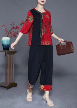 Women Red Print Patchwork Slim Fit Silk Two Piece Set Outfits Half Sleeve LY3629 -Ada Fashion Women Red Print Patchwork Slim Fit Silk Two Piece Set Outfits Half Sleeve3