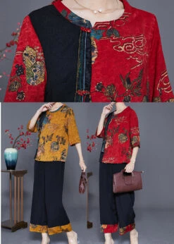 Women Red Print Patchwork Slim Fit Silk Two Piece Set Outfits Half Sleeve LY3629 -Ada Fashion Women Red Print Patchwork Slim Fit Silk Two Piece Set Outfits Half Sleeve5