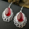 Sterling Silver Hollow Out Jade Water Drop Drop Earrings -Ada Fashion Women Red Sterling Silver Hollow Out Jade Water Drop Drop Earrings Ada Fashion 177895661