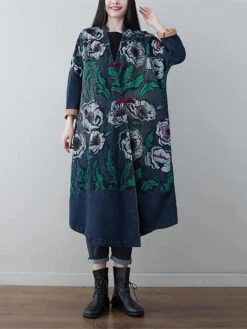 Women Print Denim Long Coat