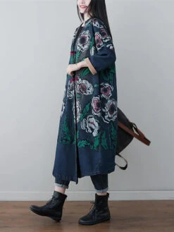 Women Print Denim Long Coat -Ada Fashion Women Retro Flower Print Denim Spring Long Coat Ada Fashion 177660043