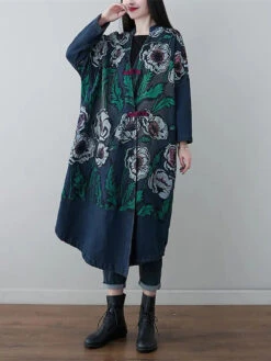Women Print Denim Long Coat -Ada Fashion Women Retro Flower Print Denim Spring Long Coat Ada Fashion 177660311