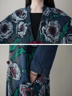 Women Print Denim Long Coat -Ada Fashion Women Retro Flower Print Denim Spring Long Coat Ada Fashion 177660879