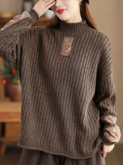 Women Spliced Knitted Turtleneck Sweater