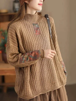 Women Spliced Knitted Turtleneck Sweater -Ada Fashion Women Retro Patch Spliced Knitted Turtleneck Sweater Ada Fashion 178121196