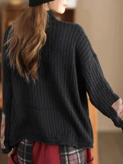 Women Spliced Knitted Turtleneck Sweater -Ada Fashion Women Retro Patch Spliced Knitted Turtleneck Sweater Ada Fashion 178121314