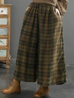 Women Linen Wide-leg Pants -Ada Fashion Women Retro Plaid Spring Linen Wide leg Pants Ada Fashion 177657633